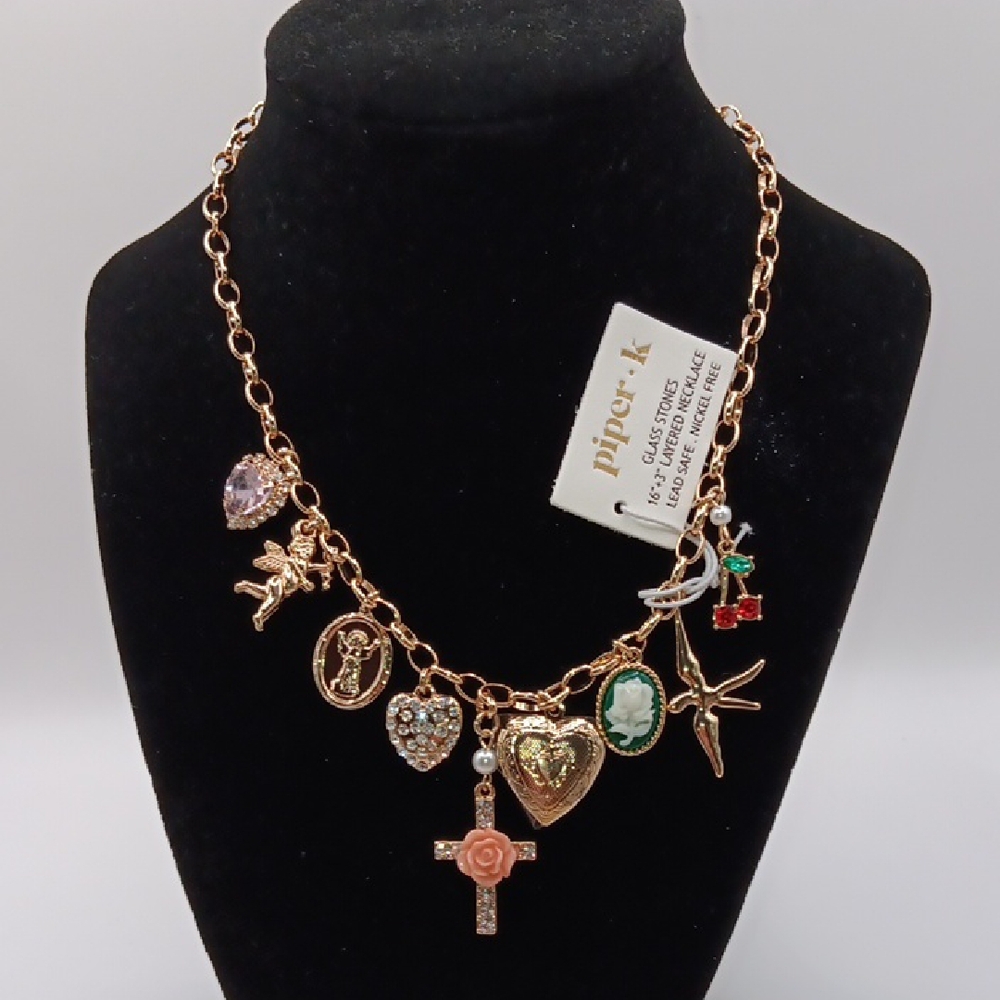 NWT Piper K Gold-Tone Multi-Charm Necklace with Pink and Green Accents